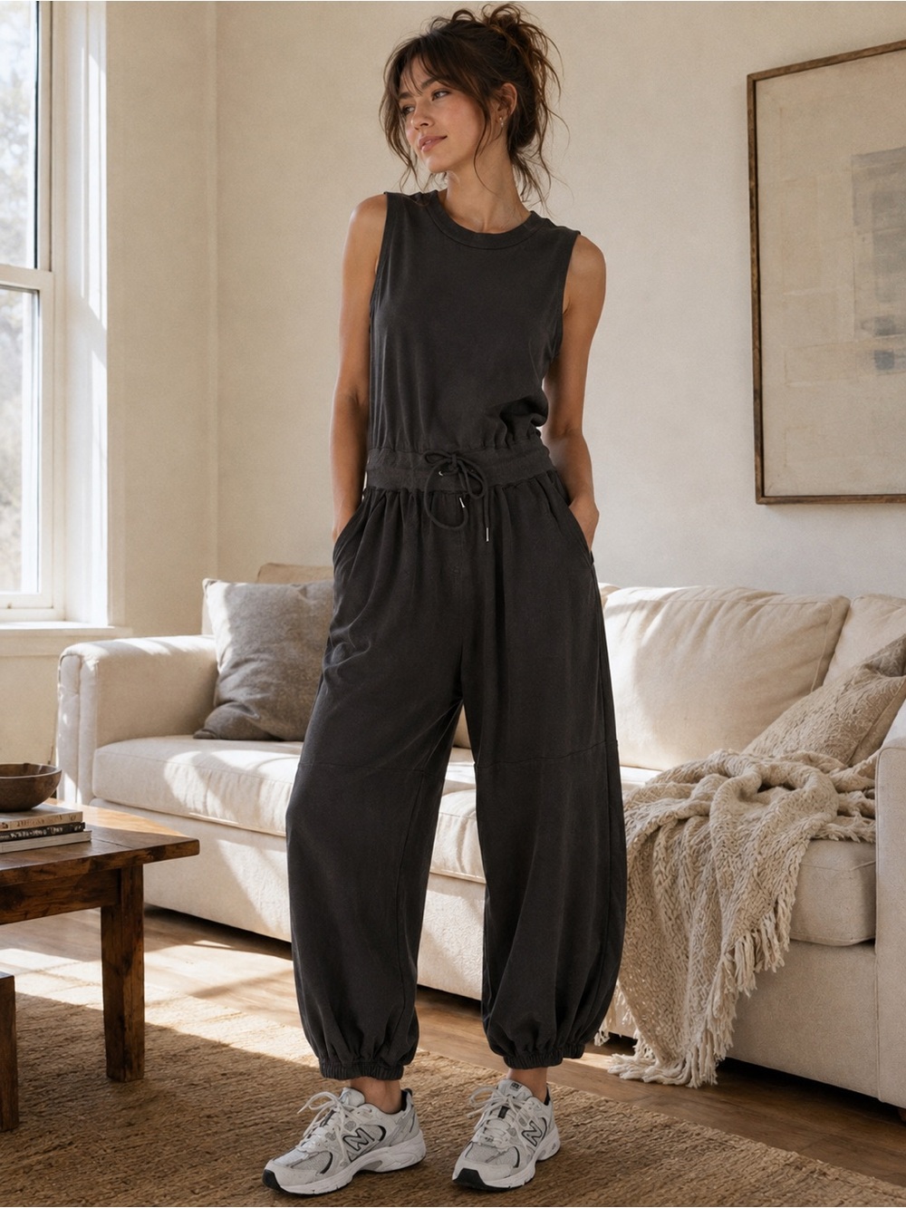 Bluivy Washed Black Sleeveless Jogger Jumpsuit Drawstring Waist NWT Small
